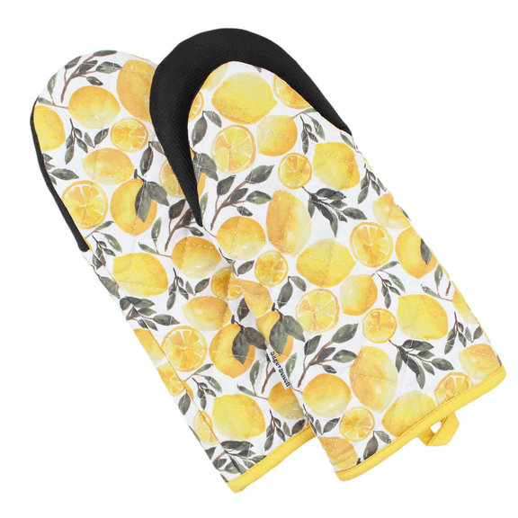 Sage+Stitch Heat Resistant Kitchen Oven Mitts with Non-Slip Grips and Hanging Loops | Set of 2 100% Cotton Long Sleeve hot pots | 5.5" x 12" | Yellow Lemons