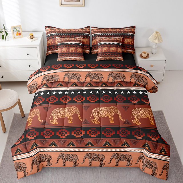 Erosebridal Ensemble de Literie Bohème Aztèque Tout-en-un Format Double, Ensemble de Lit à Imprimé Éléphant, Déco Animale, Réversible, 7 Pcs