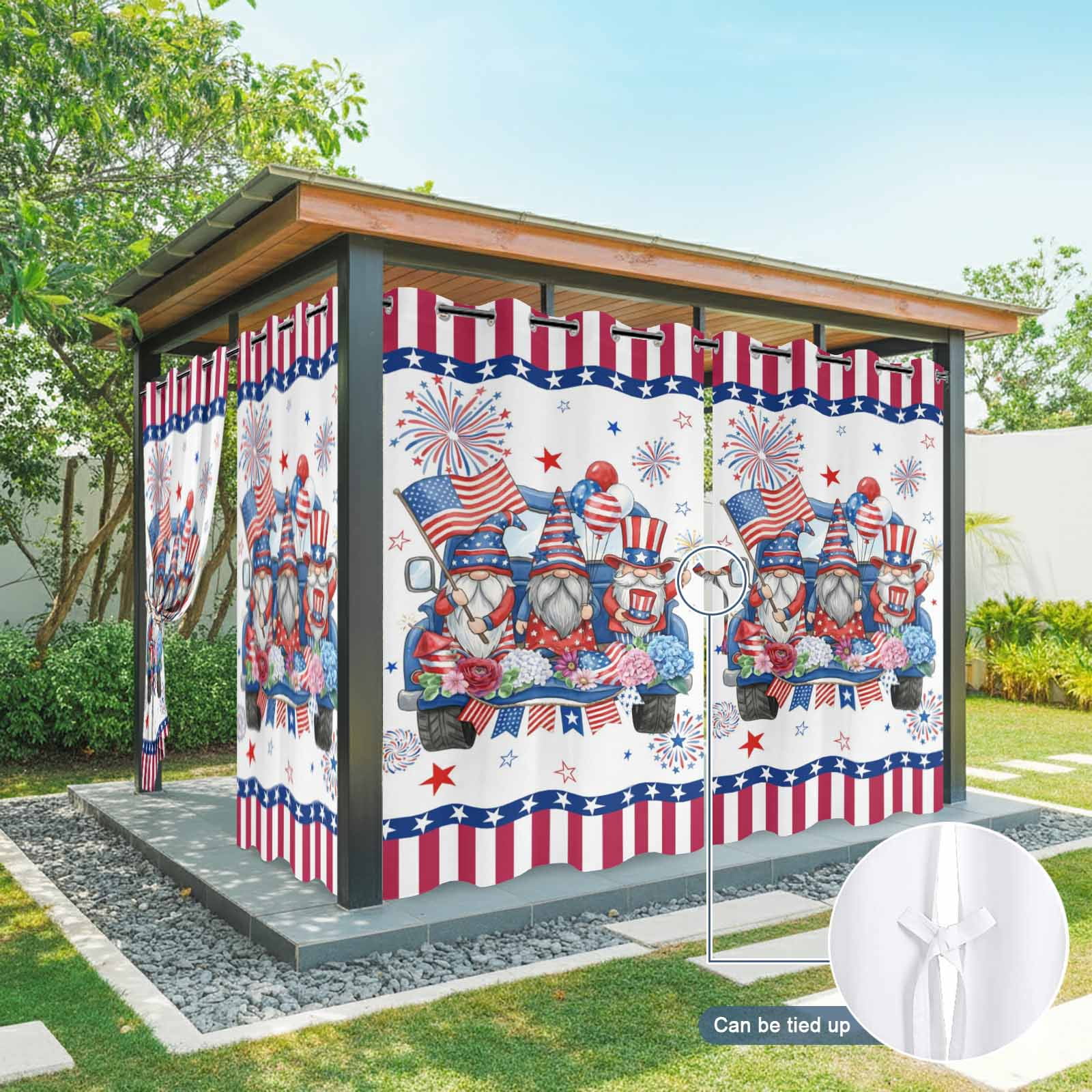 US Anniversary Outdoor Curtains for Patio, Independence Day Gnomes Blue Truck Sunshade Privacy Drapes Grommet Waterproof Outside Curtains for Porch/Cabana/Balcony 54"x 108", 1 Panel