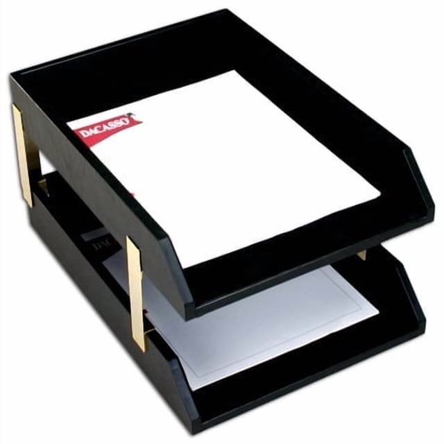 Dacasso Classic Black Leather Front Load Letter Trays with Gold Stacking Posts