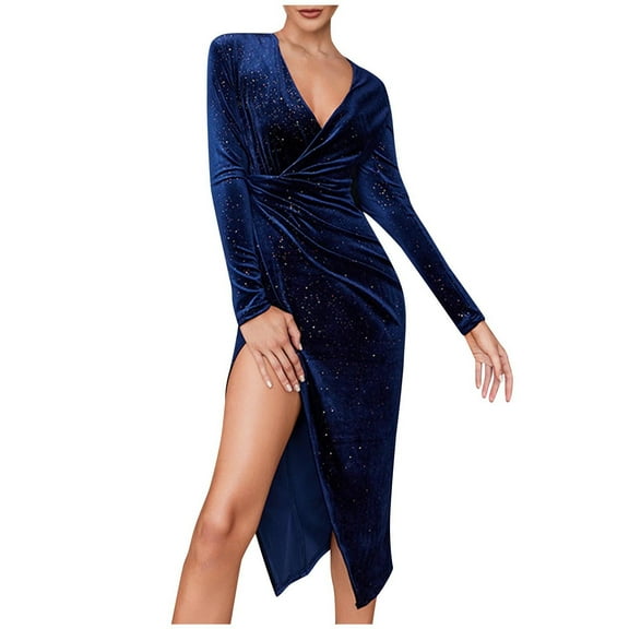Efsteb Fall Fashion 2025 Womens Wrap V Neck Glitter Dress Velvet Bodycon Sequins Dresses High Slit Ruched Formal Cocktail Dresses (Blue,L)
