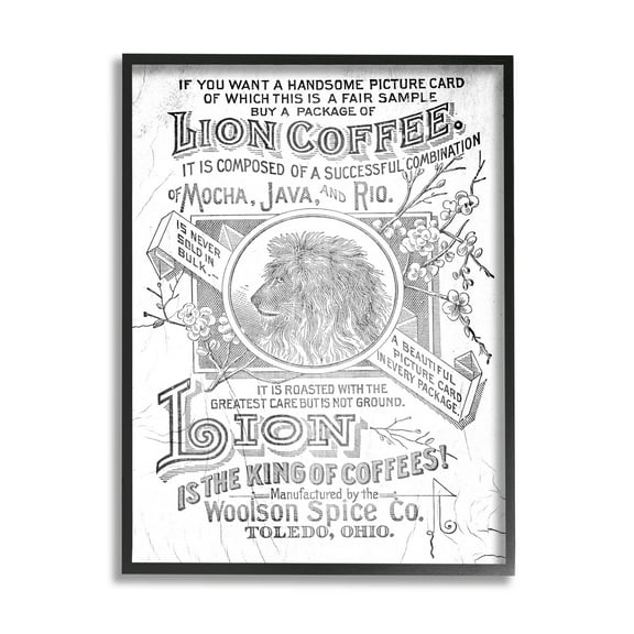 Stupell Industries Vintage Lion Coffee Poster Graphic Art Black Framed Art Print Wall Art, Design by Lil' Rue