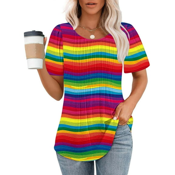ALLLIST Women's Tops Rainbow Short Sleeve T Shirts Seamless Pleated Crew Neck Tunic Clothing for Women