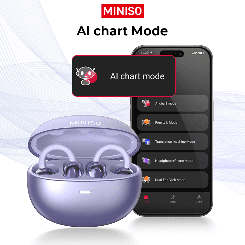 Miniso MS198 Clip-On Earbuds, Open-Ear Headphones, AI Translator 130+ Languages, Bluetooth 5.4, IPX5 Waterproof, Type-C Fast Charge, Purple