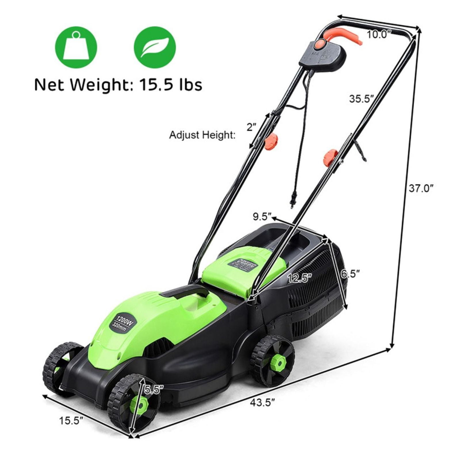 13-Inch Electric Lawn Mower, 8 Gal Grass Collection, 3 Height Settings, Lightweight 15.5 LBS Push Mower for Small Gardens - Green