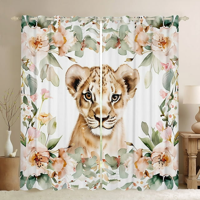 YST Rideaux Mignons pour Enfants avec Lion pour Garçons et Filles, Rideaux et Draperies d'Animaux de Dessin Animé, Rideaux Occultants à Fleurs Roses, Feuilles Vertes, Rideaux de Chambre, Habillages de Fenêtre Faune Aquarelle