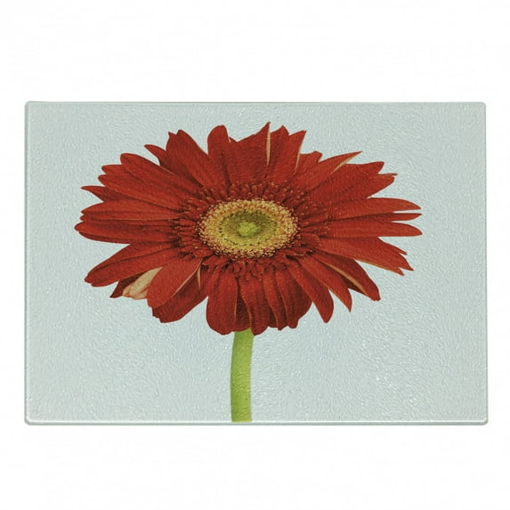 Gerber Daisy Cutting Board, Closeup Flower Photo Petal with Stem on Plain Backdrop, Decorative Tempered Glass Cutting and Serving Board, in 3 Sizes, by Ambesonne