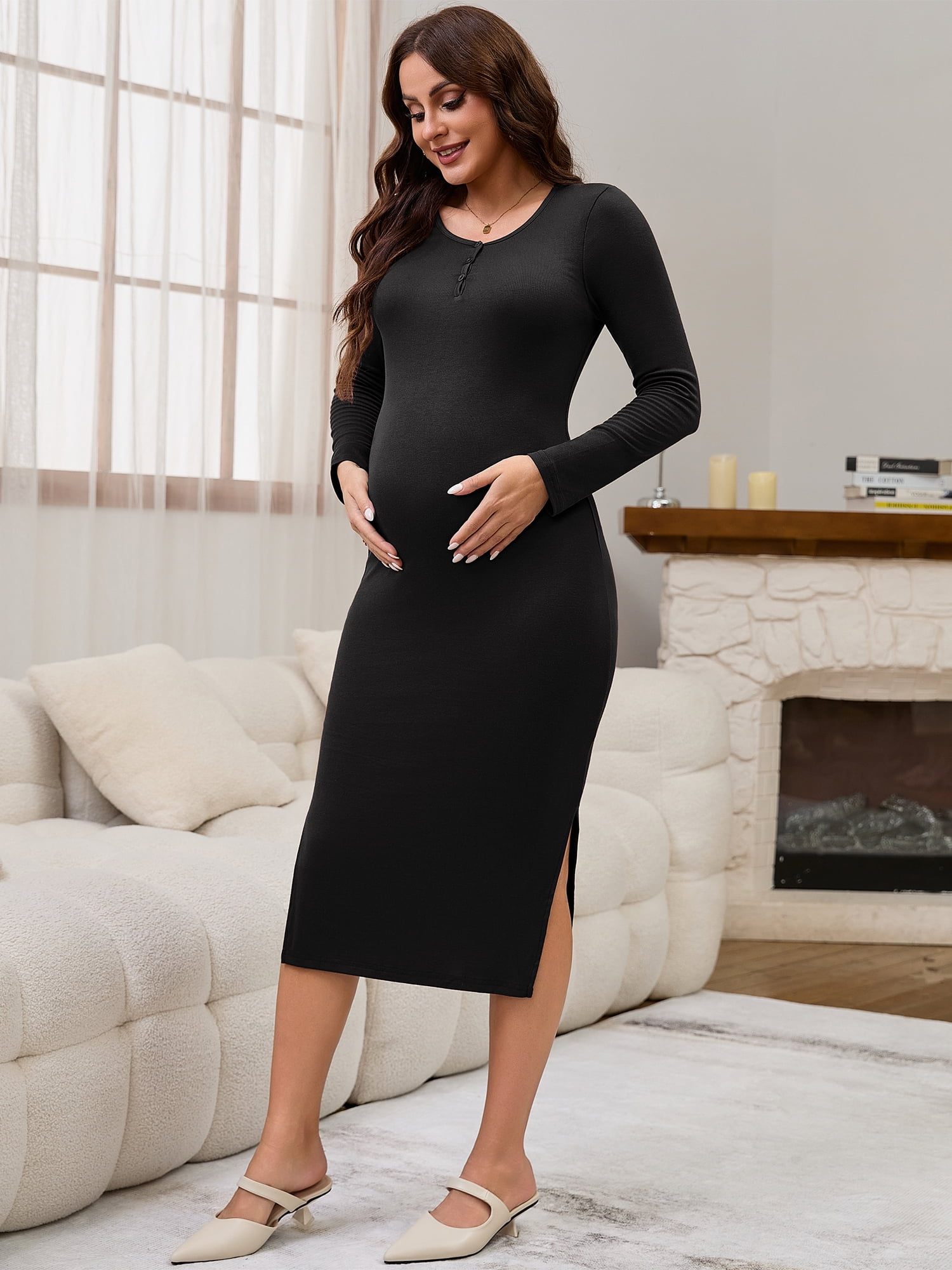 DARING DIVA Women's Long Sleeve Bodycon Henley Collar Midi Maternity Dress M Black