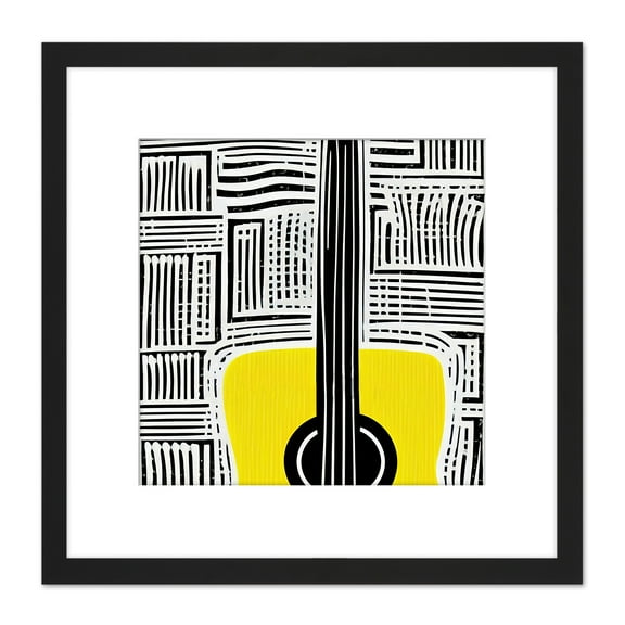 Abstract Guitar Boho Yellow Acoustic Lines Music Illustration Square Wooden Framed Wall Art Print Picture 8X8 Inch