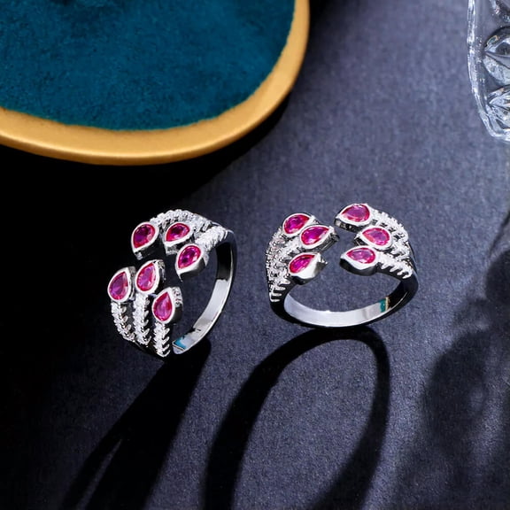 Classy Multi Layer Pink Red Cubic Zirconia Women Adjustable Open Cuff Drop Ring