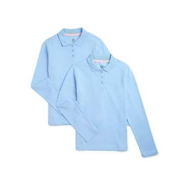 Wonder Nation Girls School Uniform Long Sleeve Interlock Polo Shirt, 2-Pack, Sizes 4-18 & 10-16 Plus