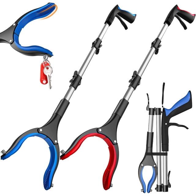 2 Pack 36 Inch Grabber Reacher Tool for Seniors, Foldable Reacher Grabbers Pickup Stick with Anti-Slip 90° Rotating Jaw, 4" Wide Extended Claw with Magnet for Disabled