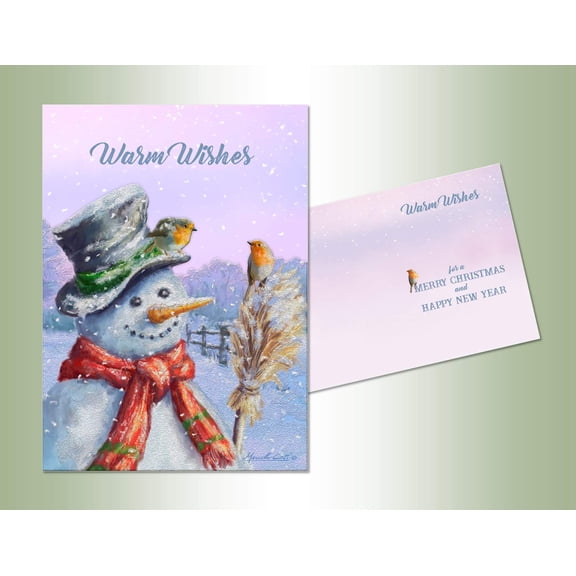 LPG Greetings Snowman : Two Small Birds on Broom and Hat Box of 12 Die Cut Christmas Cards