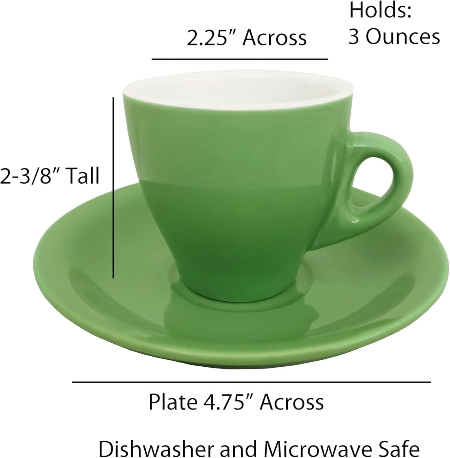 HOMEHUT Espresso Cups and Saucers Set of 6 - 3 Oz Porcelain Demitasse Cups, Green Coffee Cup Set with Matching Saucers, Microwave and Dishwasher Safe Small Espresso Cups for Home and Café Use