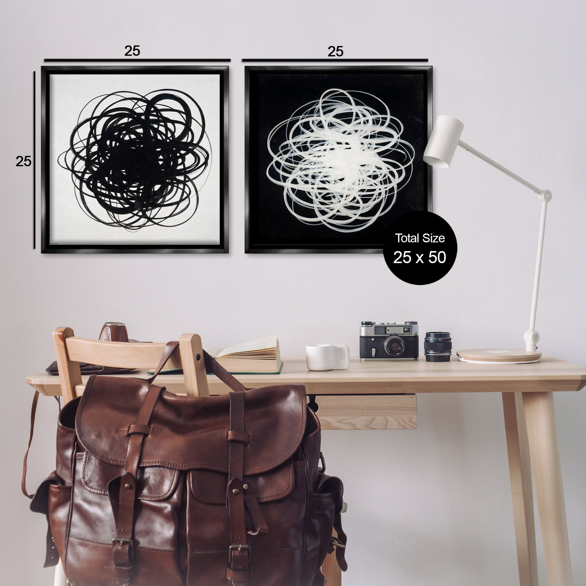 Stupell Industries Black & White Tangled Lines Abstract Painting Black Floater Framed Canvas Art Print Wall Art, 25 x 25, Set of 2
