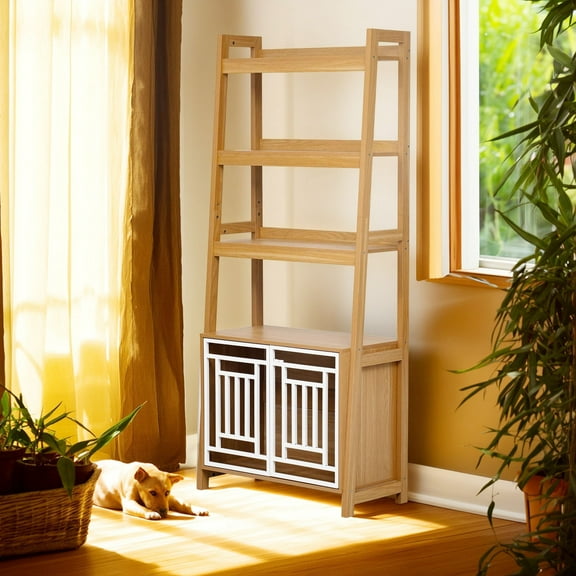 Pefilos 76" Wood Dog Crate Furniture with Ladder Shelf, Indoor Dog Cage Kennel Pet House with Double Doors for Small to Medium Dogs, Beige