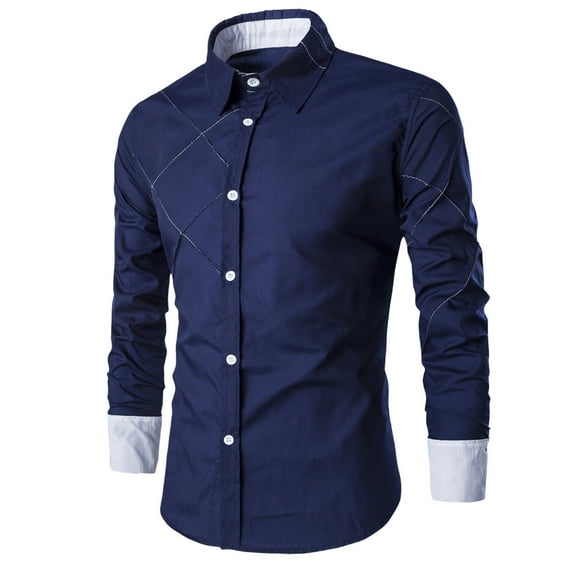 Iugvhana Men's Button Down Shirt Slim Fit Long Sleeve Turndown Collar Shirts Tops Casual Fashion Solid Cotton Shirts Navy XXL
