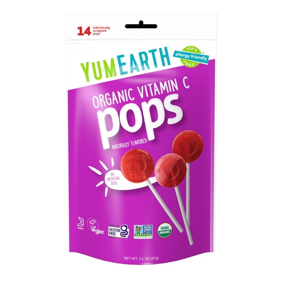 YumEarth Organic Vitamin-C Pops, BCF26 14 count, Allergy Friendly, Gluten Free, Non-GMO, Vegan, No Artificial Flavors or Dyes