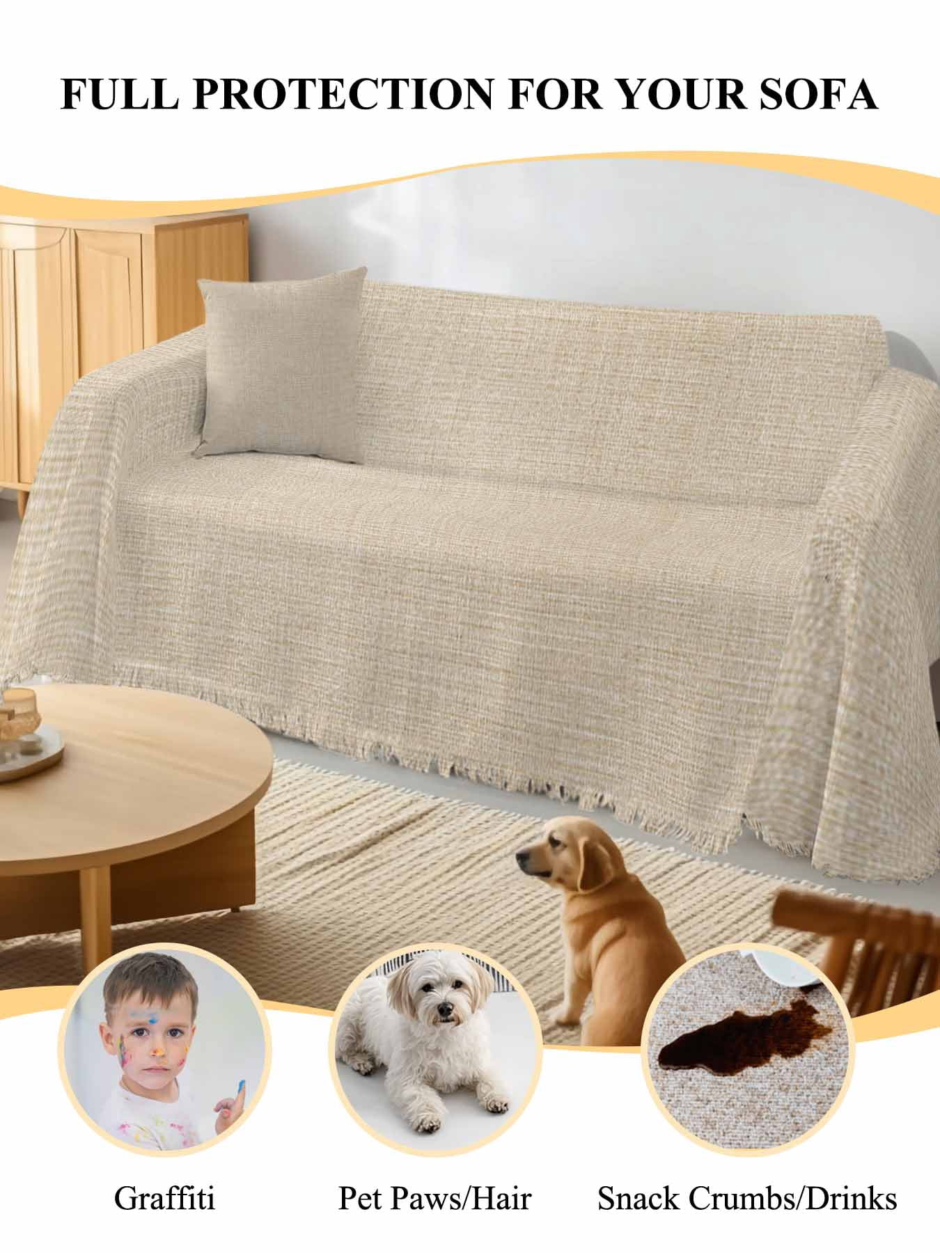Vintage Cream Couch Cover for Dogs, Farmhouse Retro Beige Solid Color Washable Sofa Covers Slipcover for Pets Dogs Futon Cover, Couch Recliner Covers, Oversized Chair Slipcover 71"x91"