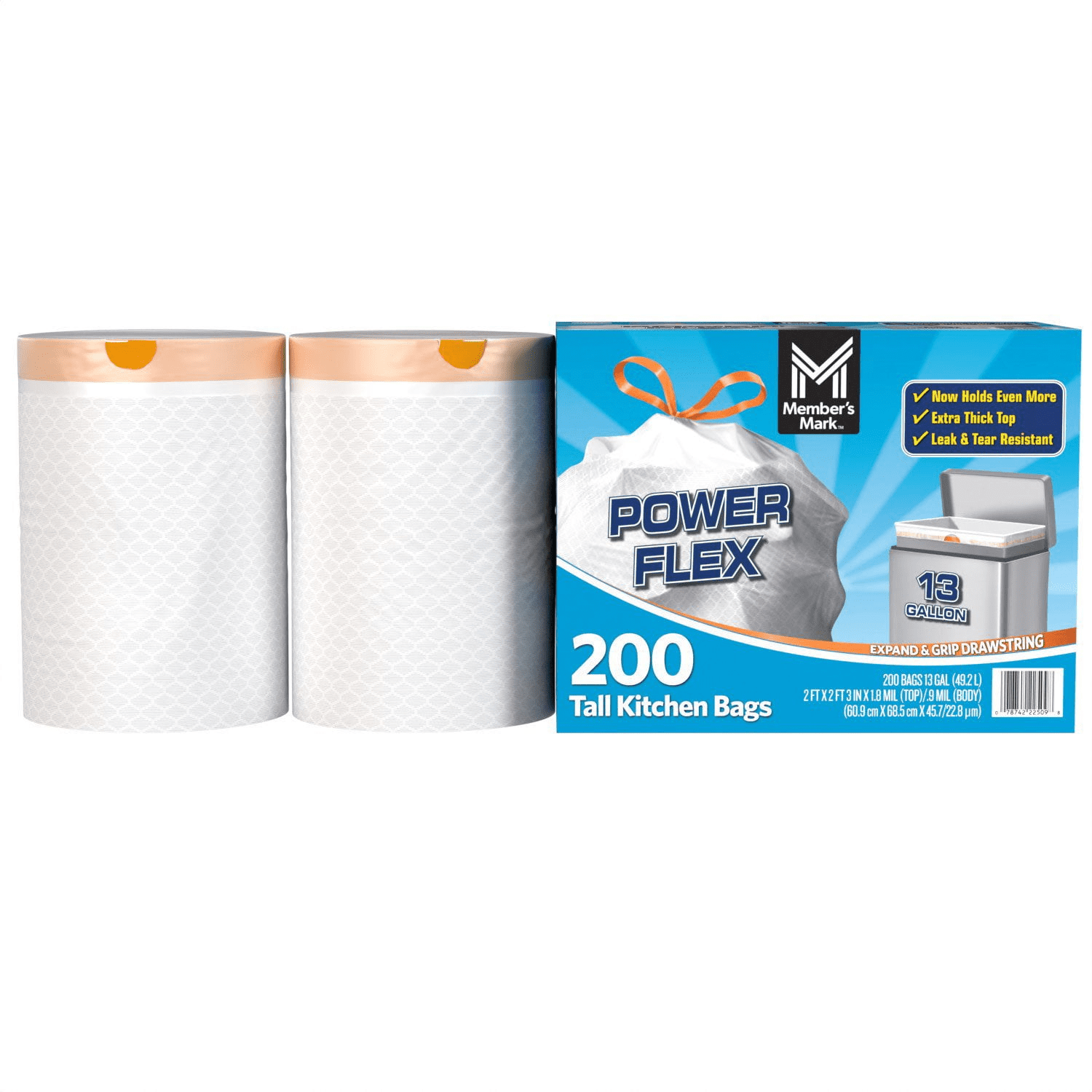 13-Gallon Tall Kitchen Trash Bags, Drawstring Closure, Heavy Duty Strong, Tear & Leak Resistant, 200 Count