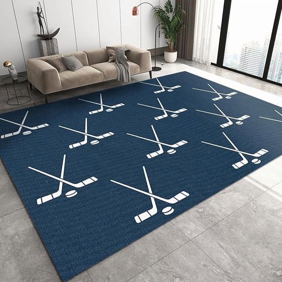 Hockey Area Rug, Simple Blue Hockey Ball Non Slip Throw Accent Rug, Easy Care Durable Carpet for Indoor Living Room Bedroom Office Decor Mat 5 x 7ft