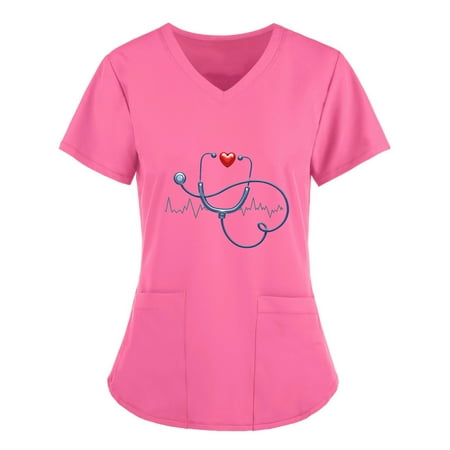 

Women Scrubs Top Nurses Clothing Working Uniform Top Care Workwear Short Sleeve V-Neck Tops Printing Pocket Blouse Tops