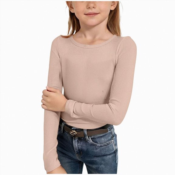 Wonitaaizi Girls Long Sleeve Shirts Soft Slim Fit Crewneck Casual Tops (5-6 Years,Beige)