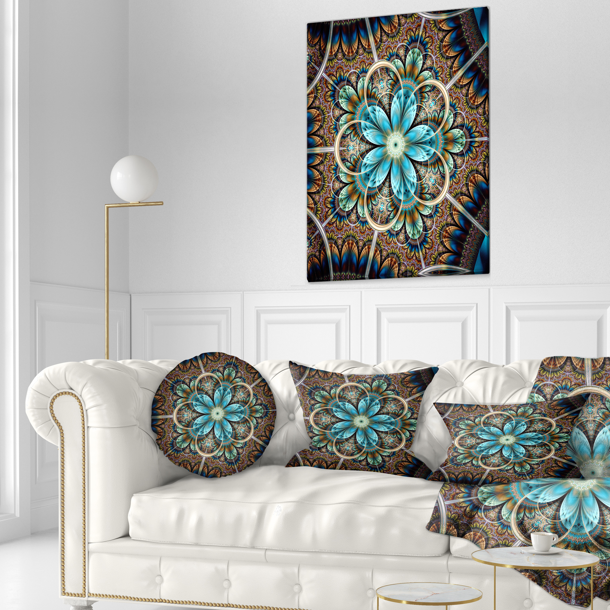 Designart Large Brown Blue Fractal Flower - Floral Throw Pillow - 12x20