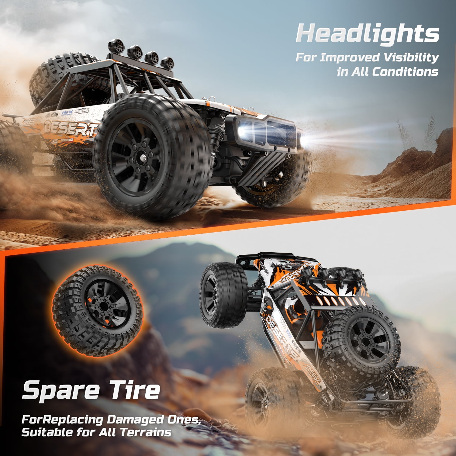 DEERC 1:10 Scale RC Car for Adults & Boys, 48KM/H Speed 4X4 Hobby RC Monster Truck with Lights, 2 Rechargeable Batteries, 2.4 GHz All Terrain Remote Control Car Toys for 30mins Fun