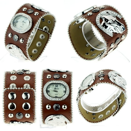 - Tomboy Womens Rhinestone Horse Shoes Cowboy Western Leather Bracelet Wrist Watch