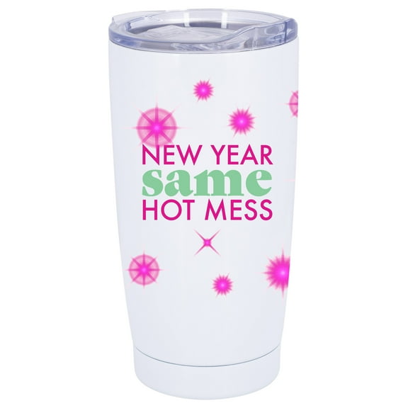 100 North 20 Ounce Stainless Steel On the Go Travel Tumbler With Push Top Lid, New Year Same Hot Mess White