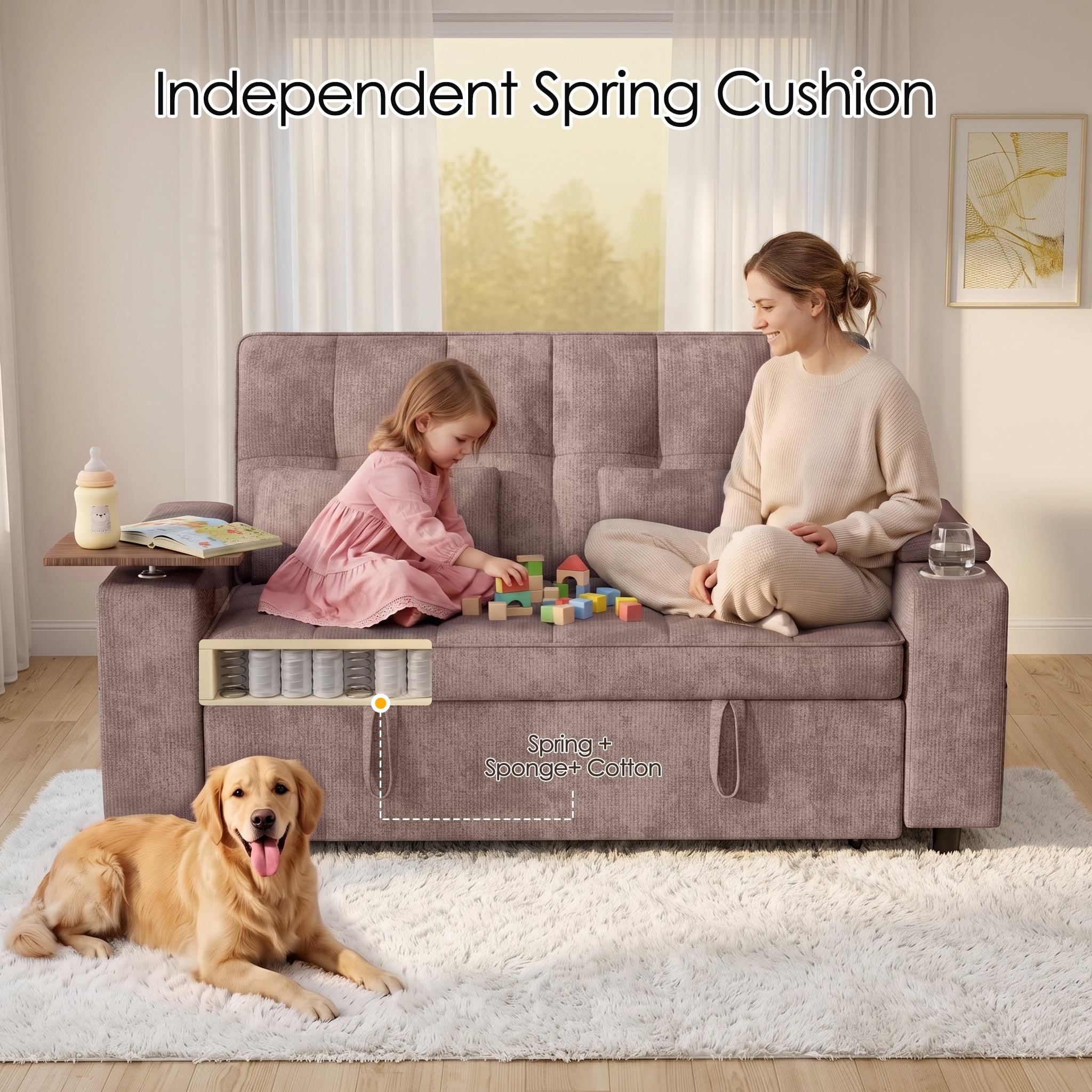 Xiweot 65" Sleeper Sofa Bed, 3-in-1 Convertible Chenille Futon Couch, Loveseat Sofa with Adjustable Backrest, Pull out Couch with Storage Armrest, Table & Pillows for Living Room Apartment (Brown)