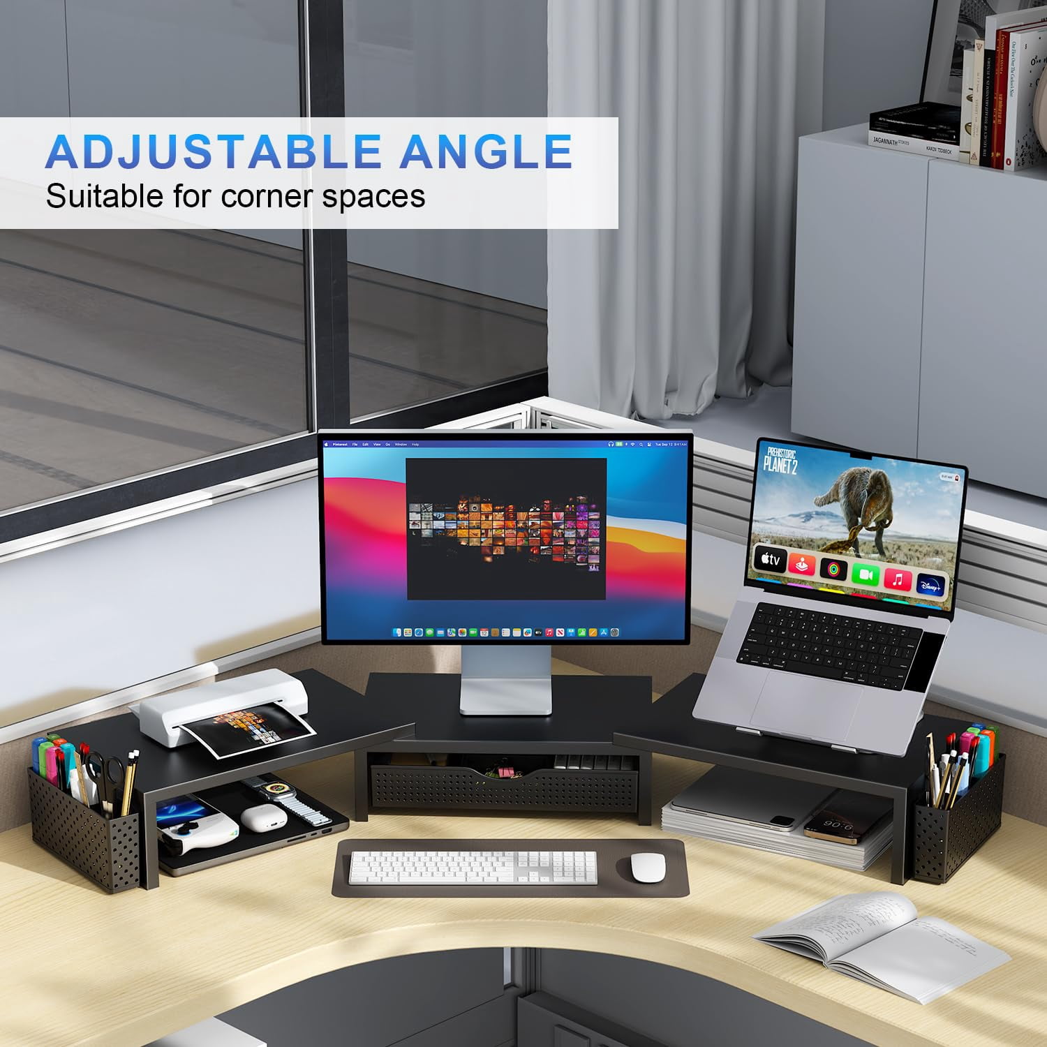 Dual Monitor Stand Riser  Desk Organizer With Drawer And 2 Pen Holders Computer Shelf For Top Of Black