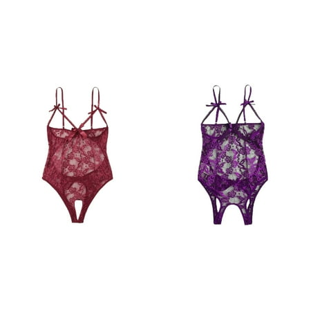 Lojoutye 2 Pack(Red 1PCS & Purple 1PCS) Multipack 4X Womens Plus Size Crotch Backless Bodysuit Jumpsuit Plus Size for Women 3X Hollow Lace Bow Women for Woman Plus Size Teddy Open
