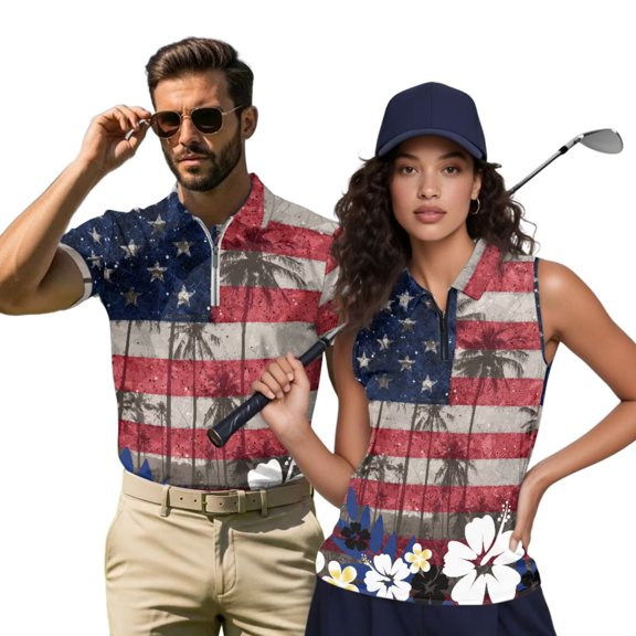 Aplkyhs Matching Couple Tennis Shirts American Flag Flower Couple Golf Matching Outfits 4-Way Stretch Golf Shirts for Men Quarter Zip Golf Accessories for Men for Outdoor Sports