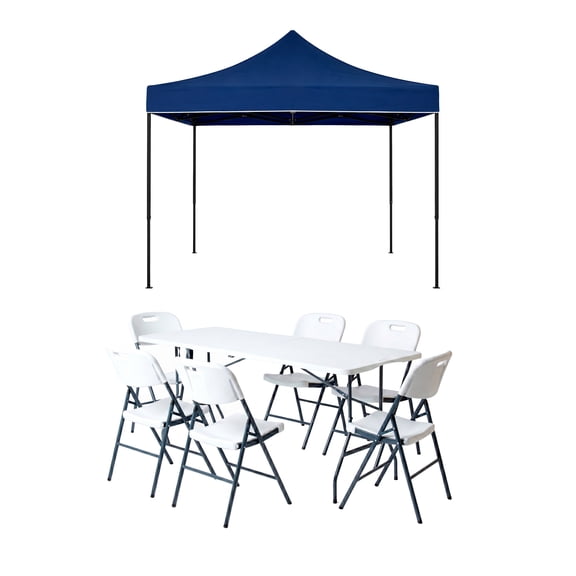 Combo de Mesa y 6 Sillas Plegables con Toldo Azul Impermeable