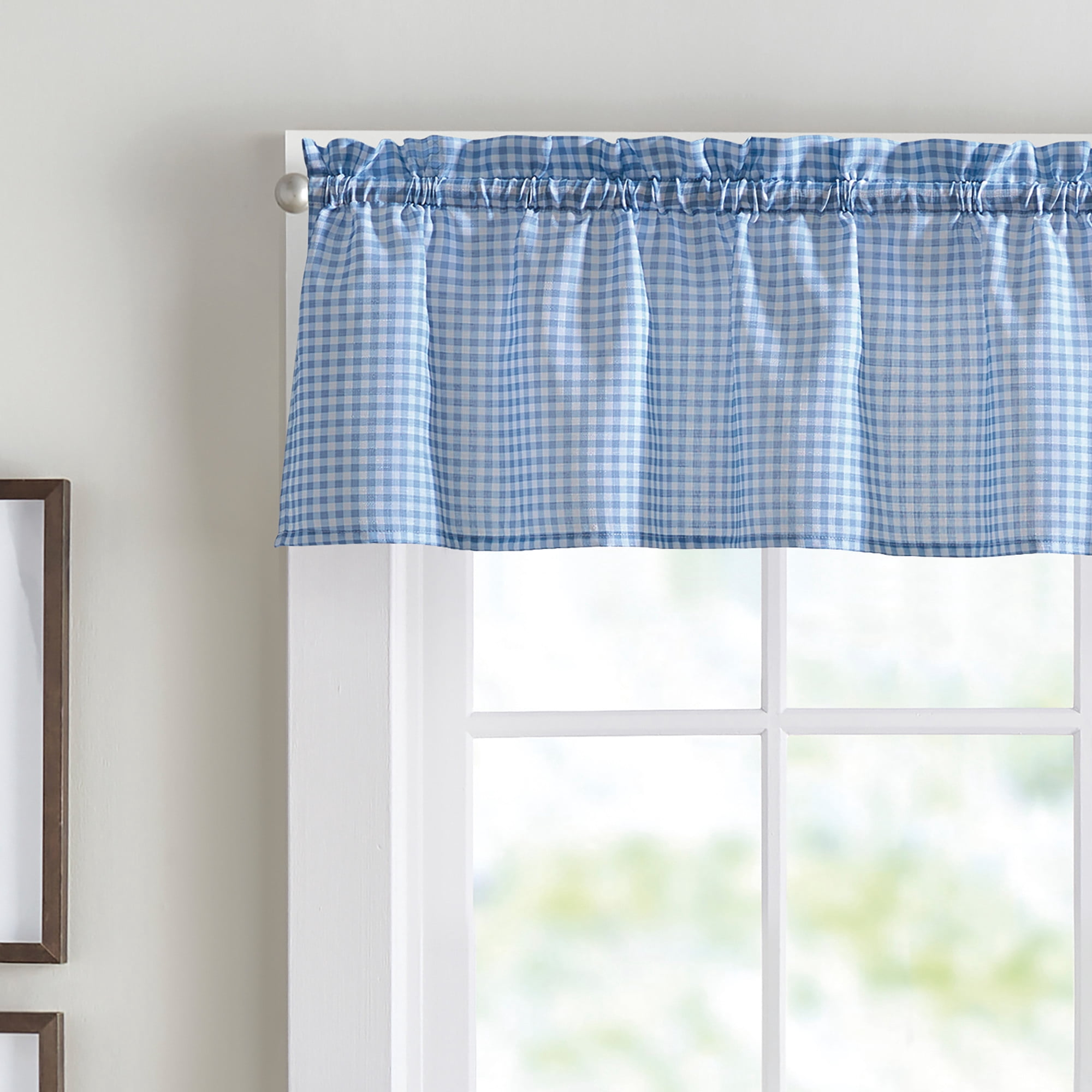 Curtainworks Gingham 3 Piece Tier and Valance Set Blue, Indoor, Pole Top, 56" x 14", Adult