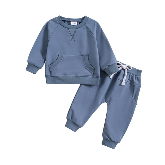 Atogsazn Toddler Long Sleeve Sweatshirt and Trousers Outfit Clearance Toddler Kids Boys Girls Fashion Cute Solid Color Long Sleeve Pocket Hooded Sweatpants Suit 3-6 Months Blue
