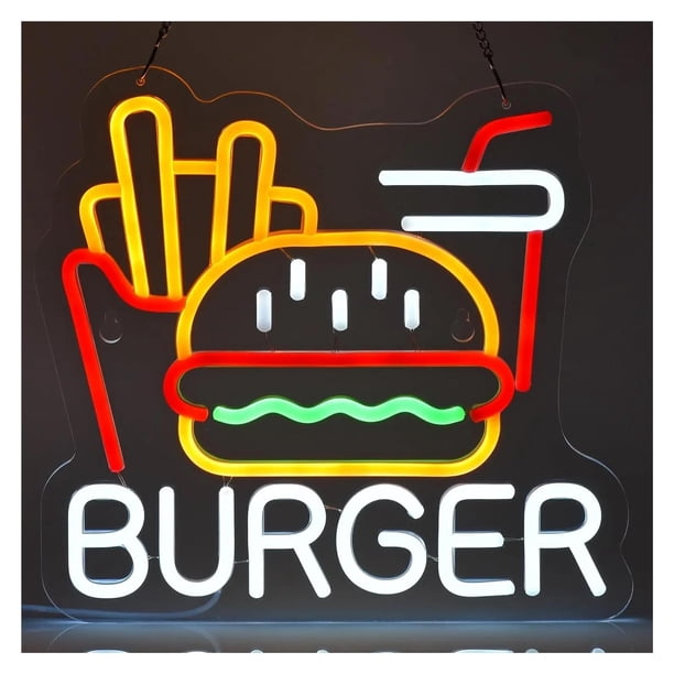 Burger Letrero De Neón Papas Fritas Luz Para Arte De La Pared Decoración Para Hamburguesa Comida Rápida Negocio Hogar Restaurante Iluminado 32cm×30cm
