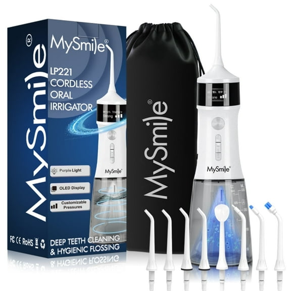MySmile LP221 Irrigador Bucal Inalámbrico OLED c/ Luz UVC, Portátil, Palillos Eléc. p/ Limpieza Dental, Brackets y Encías, 4 Modos, 8 Boquillas, Bolsa Viaje, Blanco
