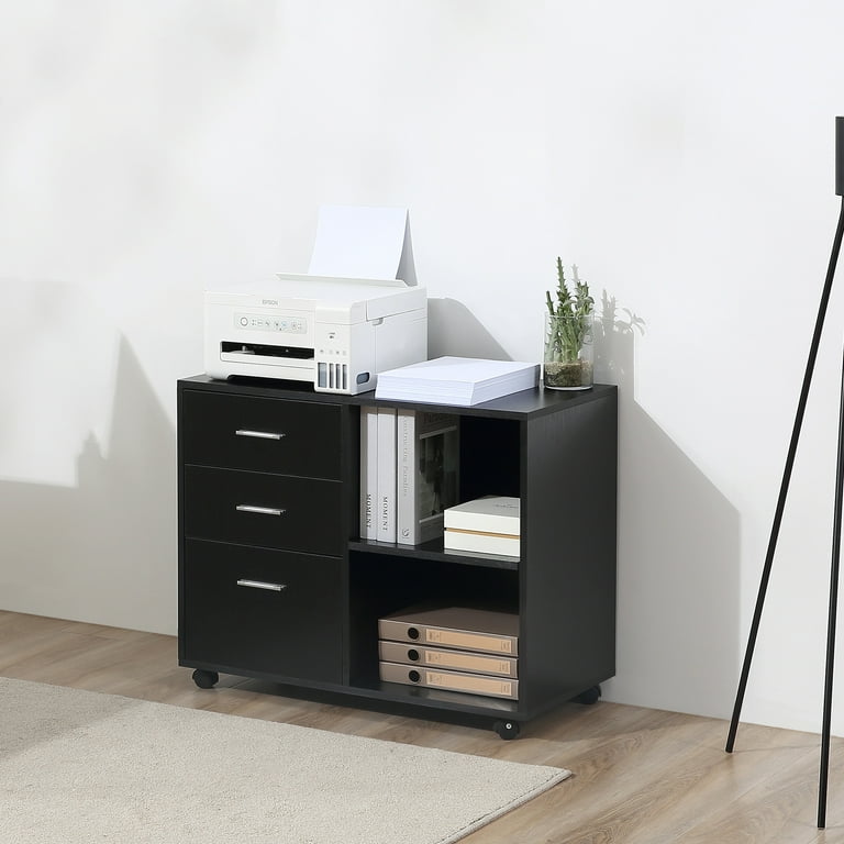 HomCom Indoor Office Filing Cabinet with 3 Storage Drawers Open