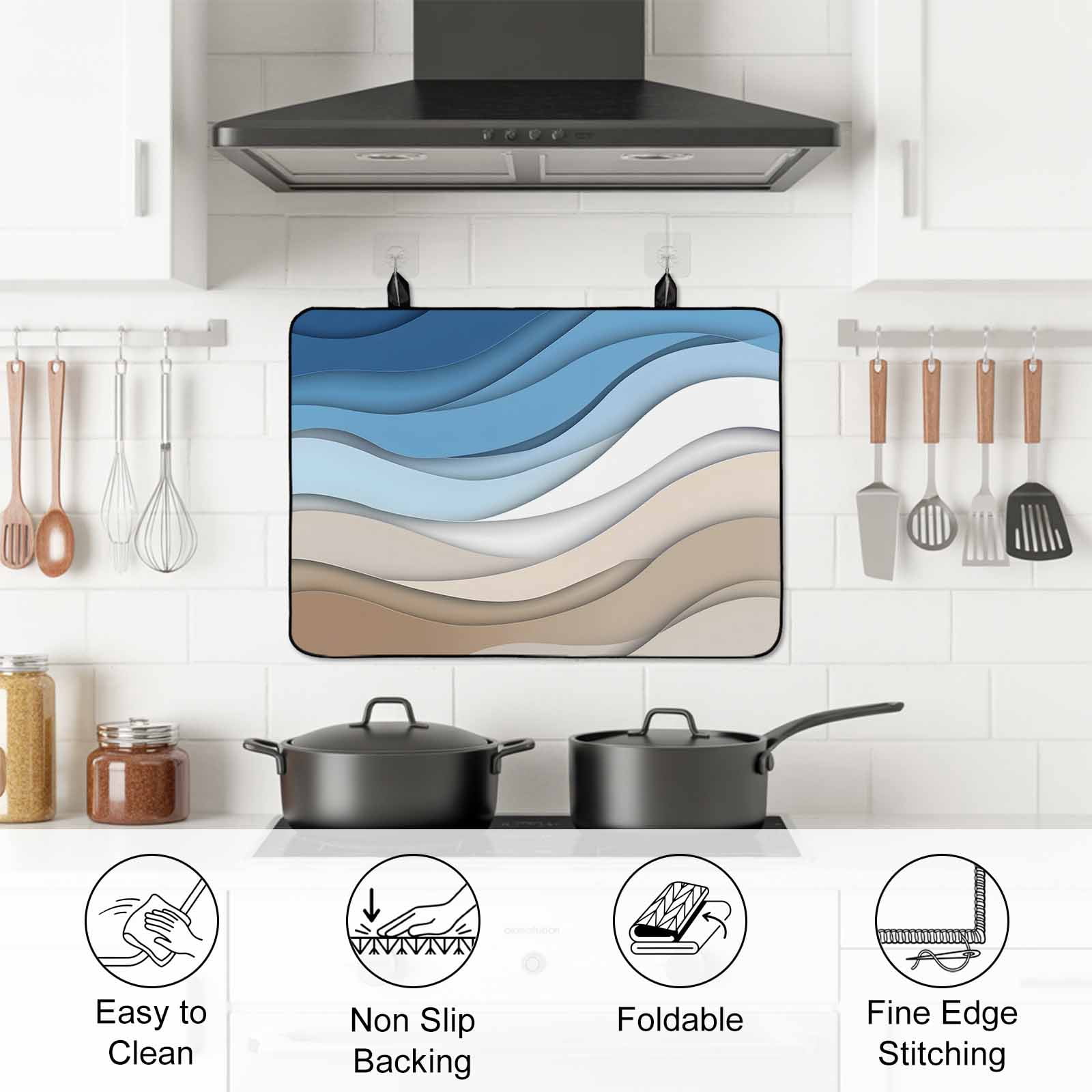 Blue Brown Stove Top Cover for Electric Stove, Heat-proof & Non Slip Glass Top Stove Cover Protector, Gradient Geometric White Water Stripes Modern Kitchen Flat Cooktop Rubber Mat 28.5x20.5 Inches