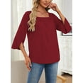 thumbnail image 3 of 3/4 Sleeve Tops for Women Casual Shirt Pleated Square Neck Tunic Blouse Dressy Split sleeve Loose T Shirts(Red XL), 3 of 6