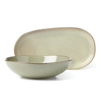 Oneida Organic Shades Green 44 oz Round Green Stoneware Serving Bowl Set with Serving Tray (2 Count)