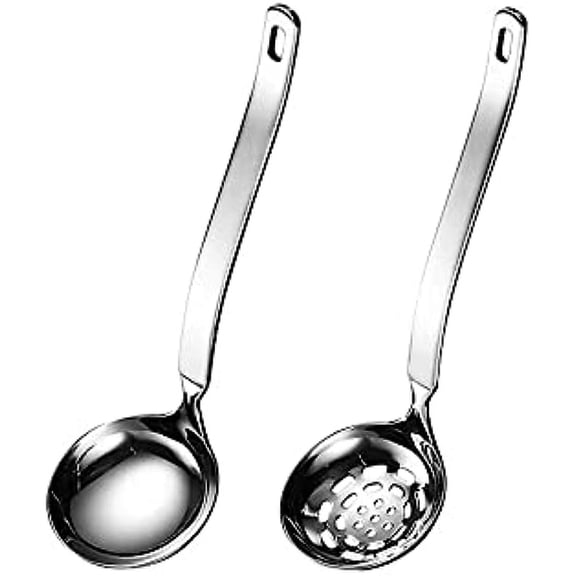 Fostbeen Soup Ladle Metal SUS304 Stainless Steel Ladles Spoon And Slotted Colander Spoon Set Small Soup Ladle With Holes Strainer Scoop Ladles For Serving Gravy Hot Pot Or Restaurant,2 Piece Set