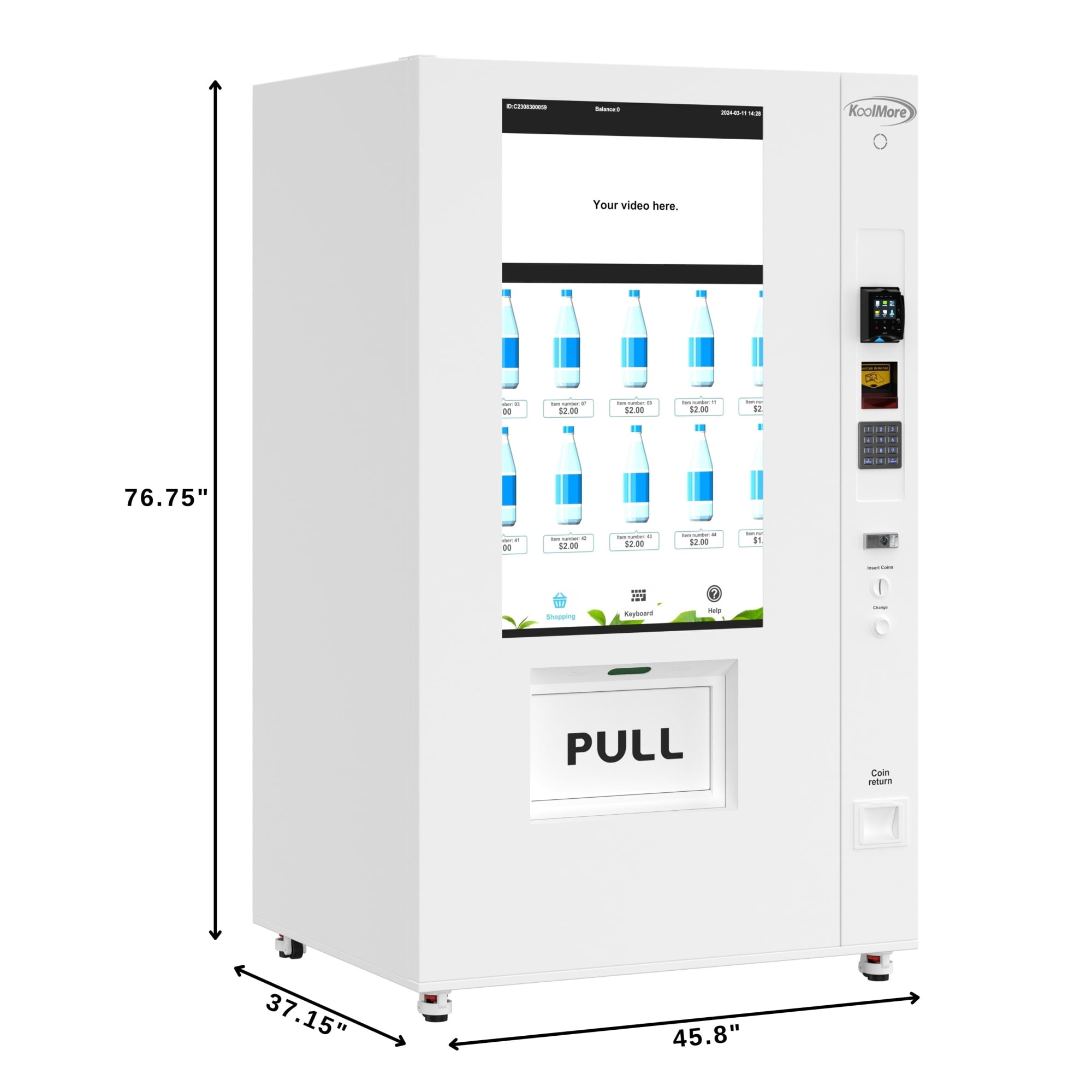 Freezer Ice Cream Vending Machine In White With 44 Slots Featuring Ample 49 Inch Touch Display, Bill Acceptor, Credit Card Reader, Wifi and 4G Connectivity