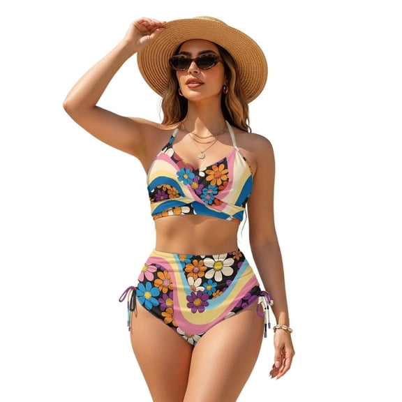 Garronmavis Women's 2 Piece Bikini Set High Waisted Tummy Control Swimsuits Retro Floral Twist Front Crisscross Tie Back Halter Bathing Suit Swimwear