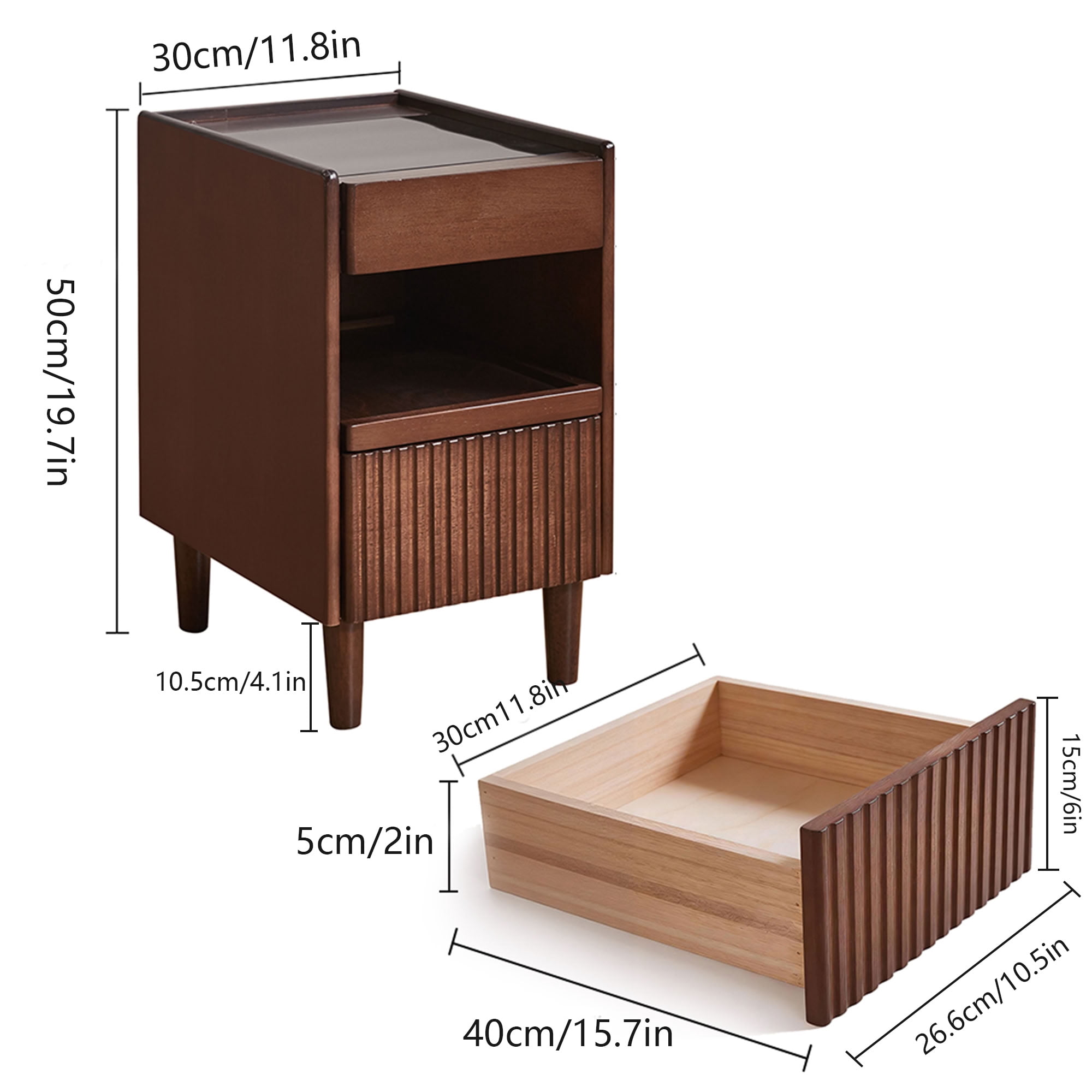 MAYEERTY Narrow Solid Wood Nightstand with Drawer & Open Shelf, Fluted Front Bedside Table with Glass Top, for Bedroom Living Room Small Apartment Dorm