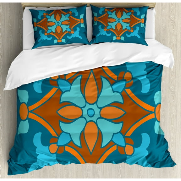 Vintage Blue Queen Size Duvet Cover Set, Traditional Moroccon Style Folkloric Motif with Tulip Figure, Decorative 3 Piece Bedding Set with 2 Pillow Shams, Petrol Blue and Burnt Orange, by Ambesonne