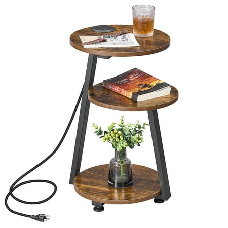 BEWISHOME Round End Table with Charging Station, Accent Side Table Nightstand Bedside Table with 3-Tier Shelves for Living Room Bedroom Couch Table Small Coffee Table Rustic Brown KTZ51Z